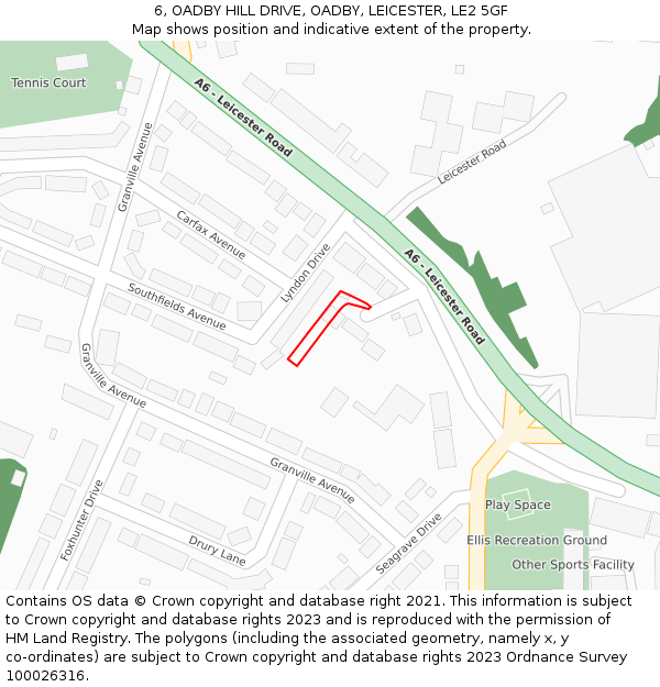 6, OADBY HILL DRIVE, OADBY, LEICESTER, LE2 5GF: Location map and indicative extent of plot