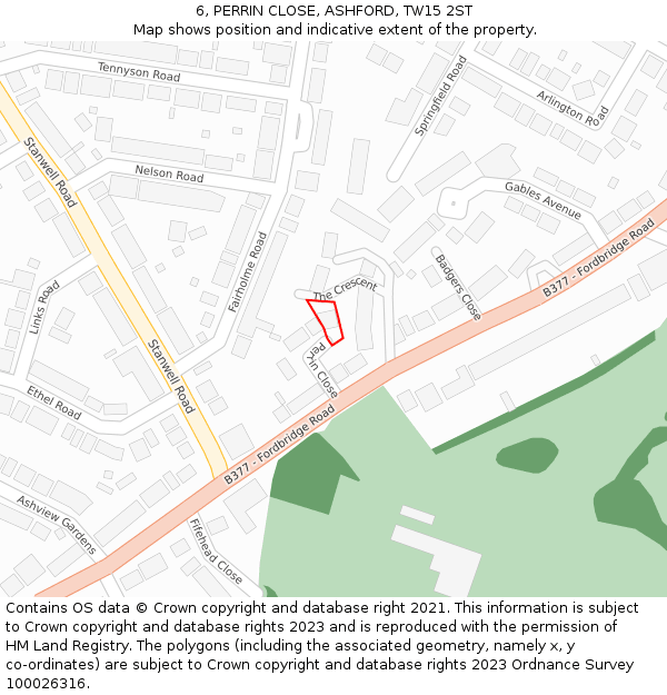 6, PERRIN CLOSE, ASHFORD, TW15 2ST: Location map and indicative extent of plot