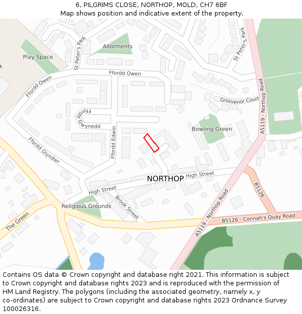 6, PILGRIMS CLOSE, NORTHOP, MOLD, CH7 6BF: Location map and indicative extent of plot