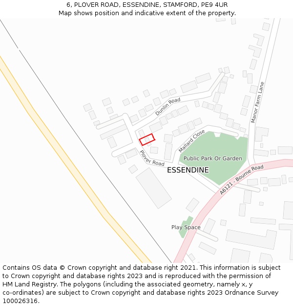 6, PLOVER ROAD, ESSENDINE, STAMFORD, PE9 4UR: Location map and indicative extent of plot