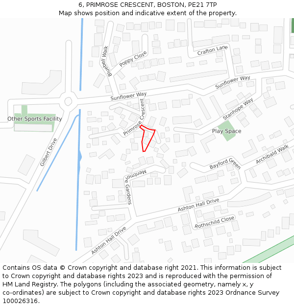 6, PRIMROSE CRESCENT, BOSTON, PE21 7TP: Location map and indicative extent of plot