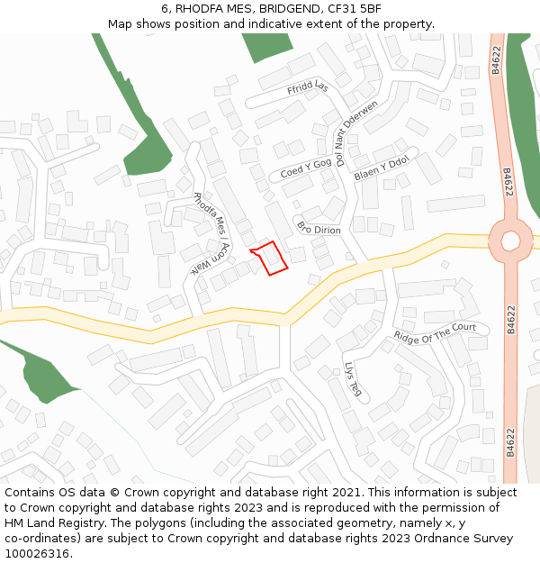 6, RHODFA MES, BRIDGEND, CF31 5BF: Location map and indicative extent of plot