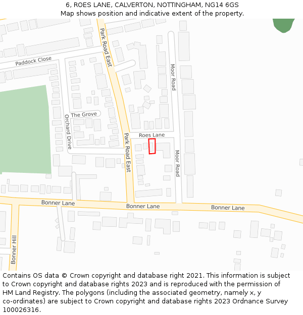 6, ROES LANE, CALVERTON, NOTTINGHAM, NG14 6GS: Location map and indicative extent of plot