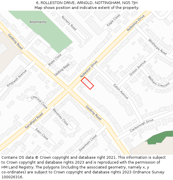 6, ROLLESTON DRIVE, ARNOLD, NOTTINGHAM, NG5 7JH: Location map and indicative extent of plot