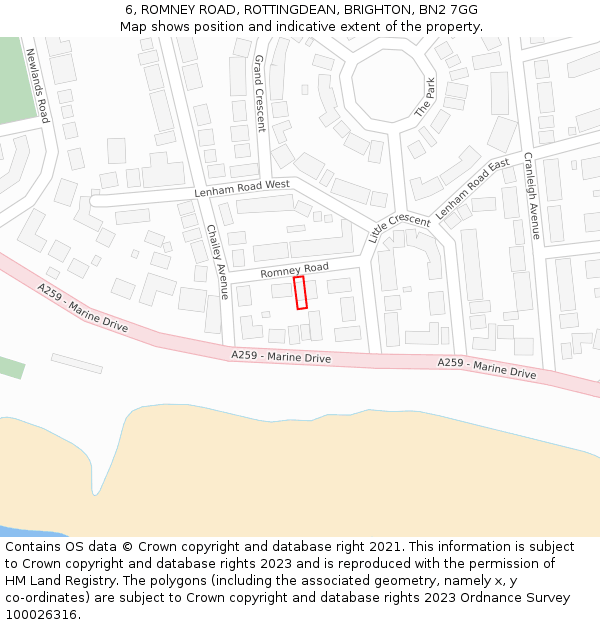 6, ROMNEY ROAD, ROTTINGDEAN, BRIGHTON, BN2 7GG: Location map and indicative extent of plot