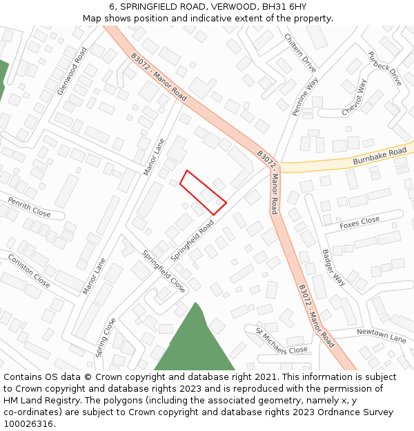 6, SPRINGFIELD ROAD, VERWOOD, BH31 6HY: Location map and indicative extent of plot