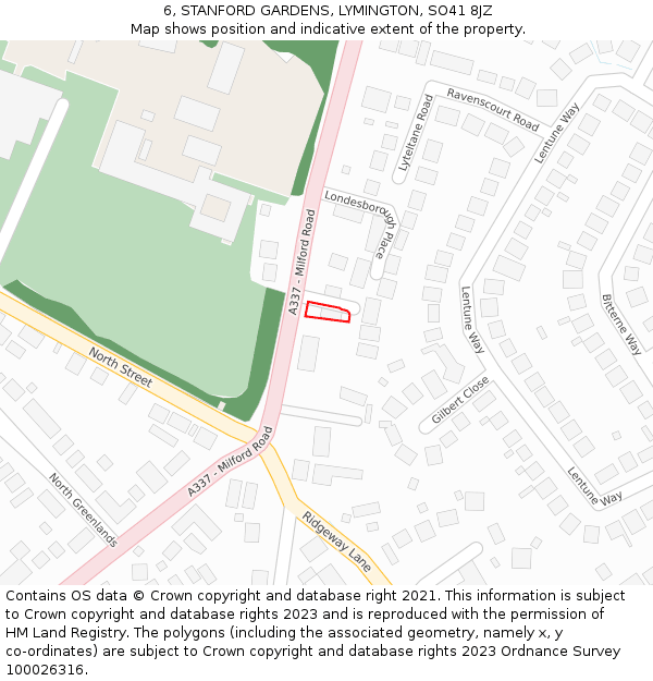 6, STANFORD GARDENS, LYMINGTON, SO41 8JZ: Location map and indicative extent of plot