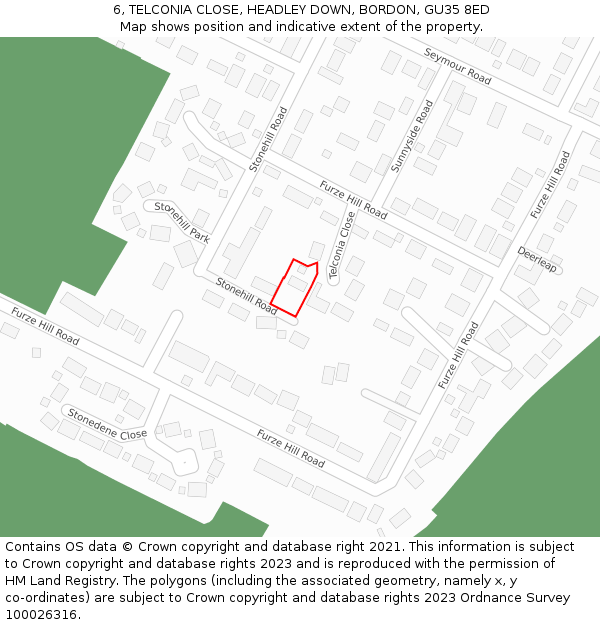 6, TELCONIA CLOSE, HEADLEY DOWN, BORDON, GU35 8ED: Location map and indicative extent of plot
