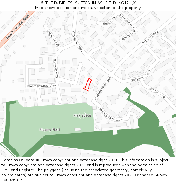 6, THE DUMBLES, SUTTON-IN-ASHFIELD, NG17 1JX: Location map and indicative extent of plot