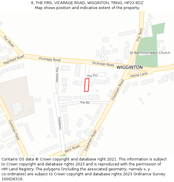 6, THE FIRS, VICARAGE ROAD, WIGGINTON, TRING, HP23 6DZ: Location map and indicative extent of plot