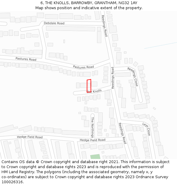 6, THE KNOLLS, BARROWBY, GRANTHAM, NG32 1AY: Location map and indicative extent of plot