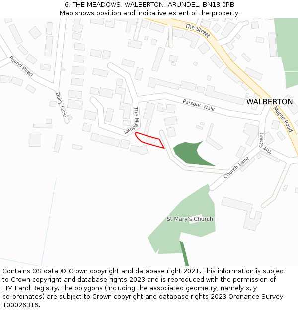 6, THE MEADOWS, WALBERTON, ARUNDEL, BN18 0PB: Location map and indicative extent of plot