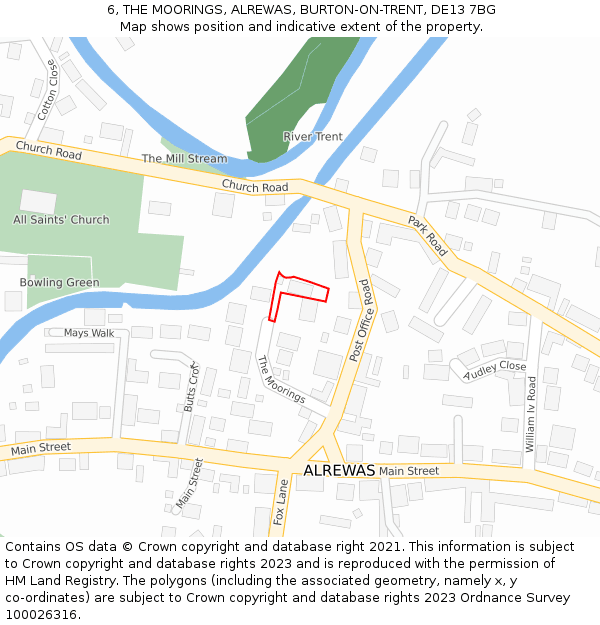 6, THE MOORINGS, ALREWAS, BURTON-ON-TRENT, DE13 7BG: Location map and indicative extent of plot