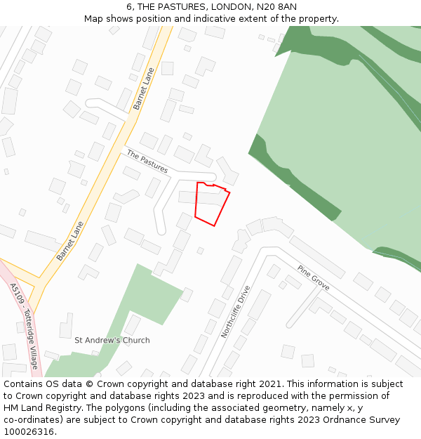 6, THE PASTURES, LONDON, N20 8AN: Location map and indicative extent of plot