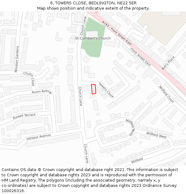 6, TOWERS CLOSE, BEDLINGTON, NE22 5ER: Location map and indicative extent of plot