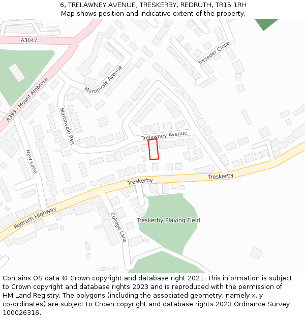 6, TRELAWNEY AVENUE, TRESKERBY, REDRUTH, TR15 1RH: Location map and indicative extent of plot