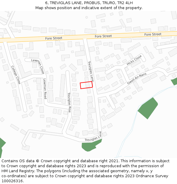 6, TREVIGLAS LANE, PROBUS, TRURO, TR2 4LH: Location map and indicative extent of plot