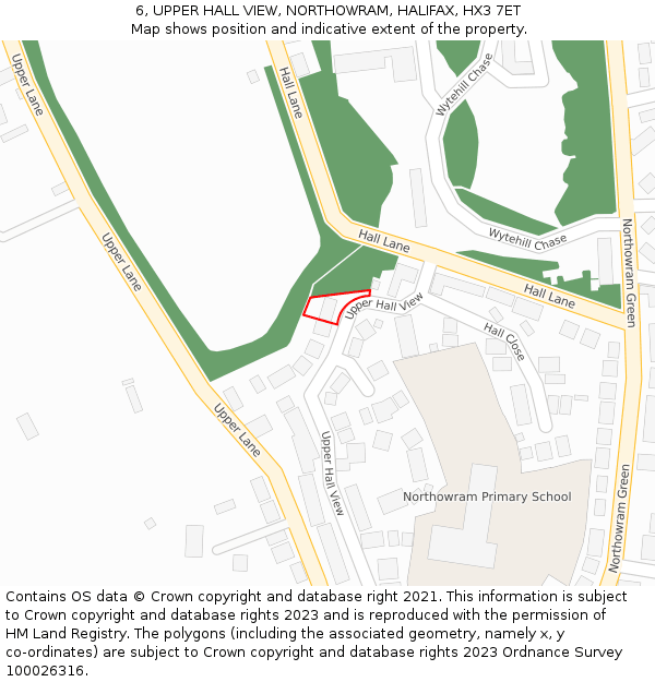 6, UPPER HALL VIEW, NORTHOWRAM, HALIFAX, HX3 7ET: Location map and indicative extent of plot