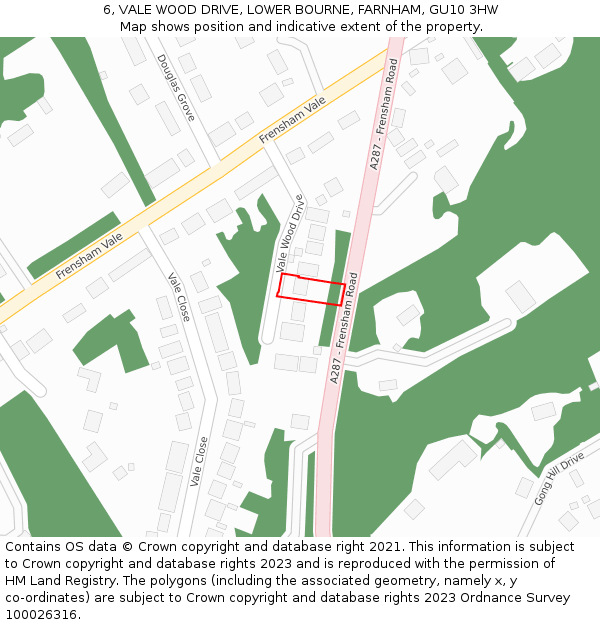 6, VALE WOOD DRIVE, LOWER BOURNE, FARNHAM, GU10 3HW: Location map and indicative extent of plot