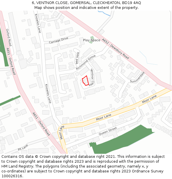 6, VENTNOR CLOSE, GOMERSAL, CLECKHEATON, BD19 4AQ: Location map and indicative extent of plot