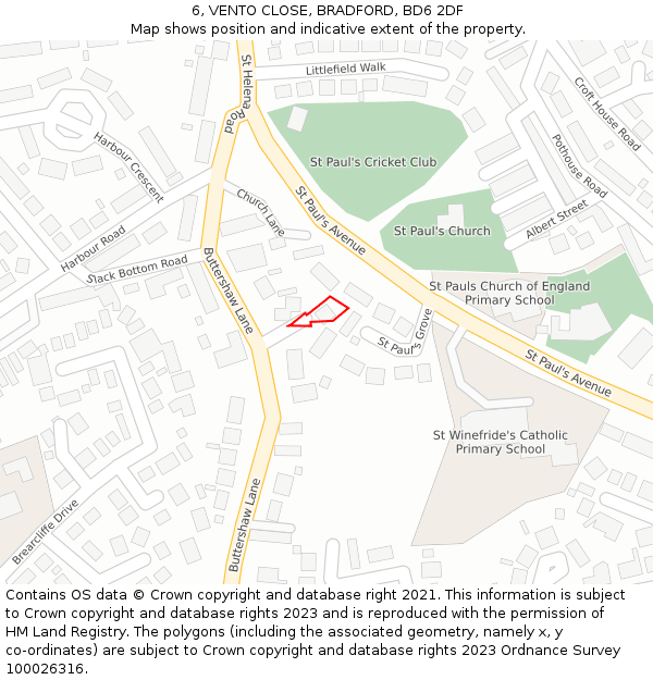 6, VENTO CLOSE, BRADFORD, BD6 2DF: Location map and indicative extent of plot