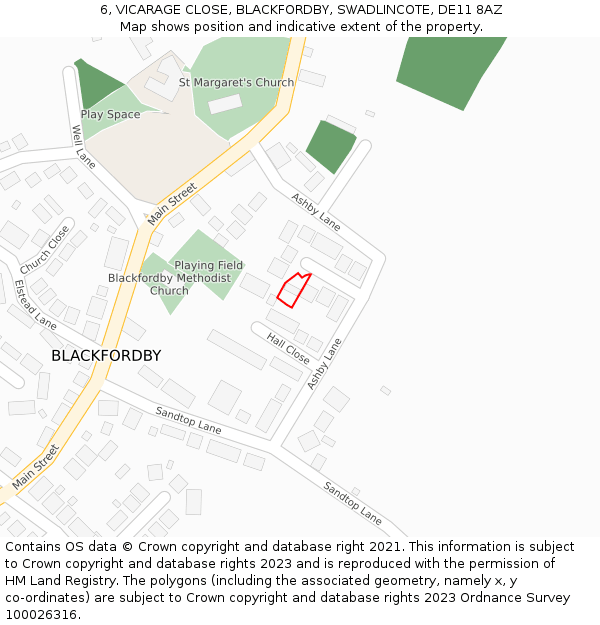 6, VICARAGE CLOSE, BLACKFORDBY, SWADLINCOTE, DE11 8AZ: Location map and indicative extent of plot