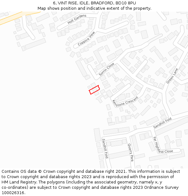 6, VINT RISE, IDLE, BRADFORD, BD10 8PU: Location map and indicative extent of plot