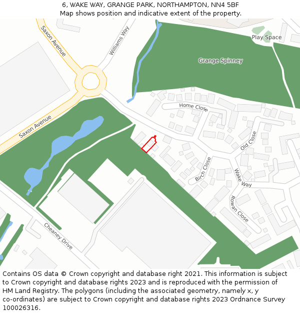 6, WAKE WAY, GRANGE PARK, NORTHAMPTON, NN4 5BF: Location map and indicative extent of plot