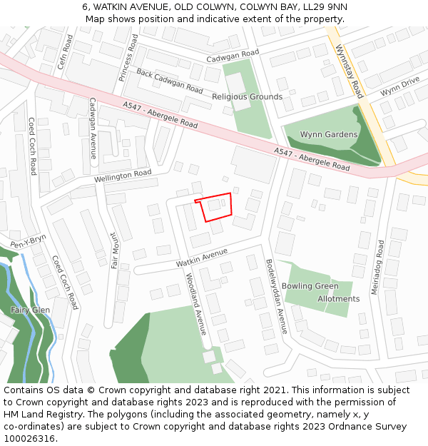 6, WATKIN AVENUE, OLD COLWYN, COLWYN BAY, LL29 9NN: Location map and indicative extent of plot