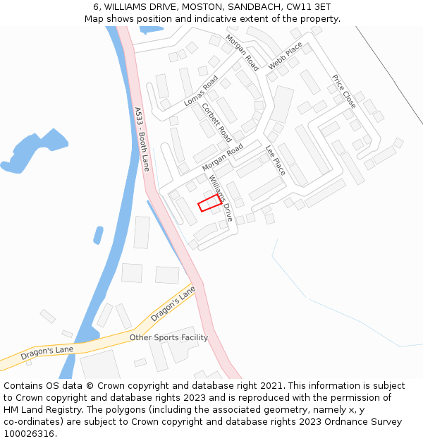 6, WILLIAMS DRIVE, MOSTON, SANDBACH, CW11 3ET: Location map and indicative extent of plot