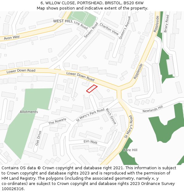 6, WILLOW CLOSE, PORTISHEAD, BRISTOL, BS20 6XW: Location map and indicative extent of plot