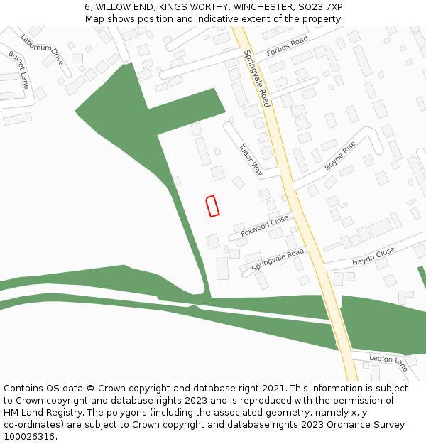 6, WILLOW END, KINGS WORTHY, WINCHESTER, SO23 7XP: Location map and indicative extent of plot