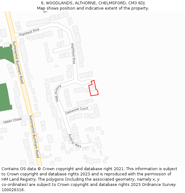 6, WOODLANDS, ALTHORNE, CHELMSFORD, CM3 6DJ: Location map and indicative extent of plot