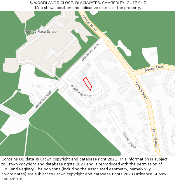 6, WOODLANDS CLOSE, BLACKWATER, CAMBERLEY, GU17 9HZ: Location map and indicative extent of plot