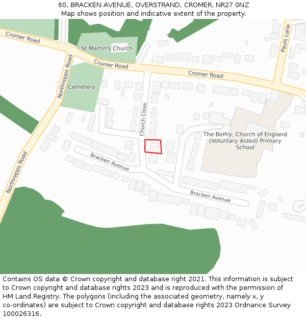 60, BRACKEN AVENUE, OVERSTRAND, CROMER, NR27 0NZ: Location map and indicative extent of plot