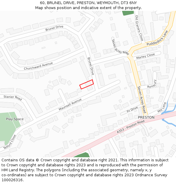 60, BRUNEL DRIVE, PRESTON, WEYMOUTH, DT3 6NY: Location map and indicative extent of plot