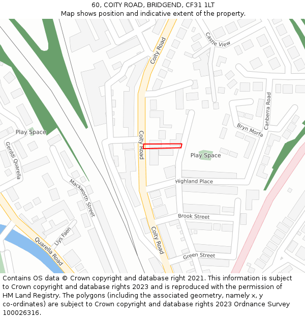 60, COITY ROAD, BRIDGEND, CF31 1LT: Location map and indicative extent of plot