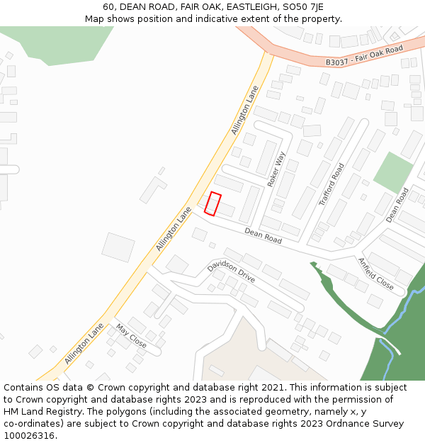 60, DEAN ROAD, FAIR OAK, EASTLEIGH, SO50 7JE: Location map and indicative extent of plot