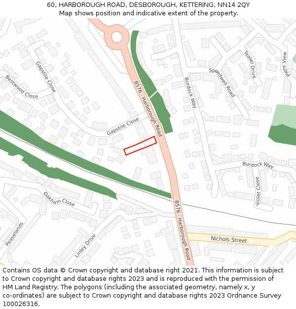 60, HARBOROUGH ROAD, DESBOROUGH, KETTERING, NN14 2QY: Location map and indicative extent of plot