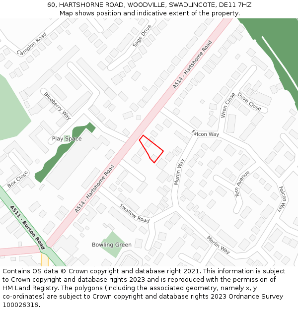 60, HARTSHORNE ROAD, WOODVILLE, SWADLINCOTE, DE11 7HZ: Location map and indicative extent of plot