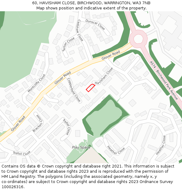 60, HAVISHAM CLOSE, BIRCHWOOD, WARRINGTON, WA3 7NB: Location map and indicative extent of plot