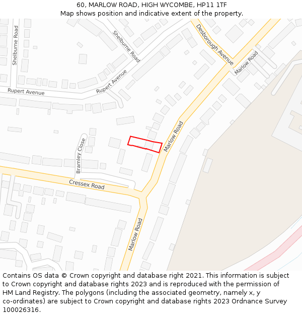 60, MARLOW ROAD, HIGH WYCOMBE, HP11 1TF: Location map and indicative extent of plot