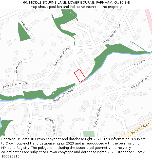 60, MIDDLE BOURNE LANE, LOWER BOURNE, FARNHAM, GU10 3NJ: Location map and indicative extent of plot