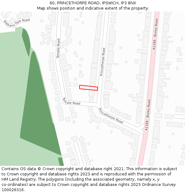 60, PRINCETHORPE ROAD, IPSWICH, IP3 8NX: Location map and indicative extent of plot