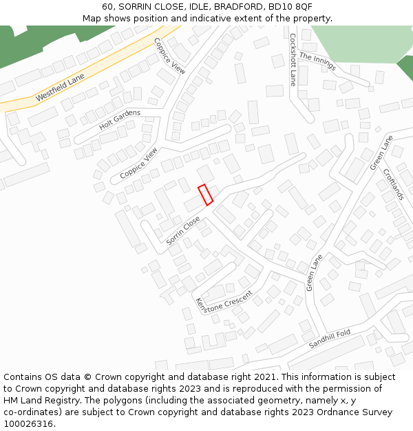 60, SORRIN CLOSE, IDLE, BRADFORD, BD10 8QF: Location map and indicative extent of plot