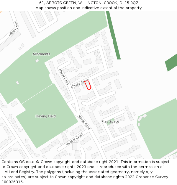 61, ABBOTS GREEN, WILLINGTON, CROOK, DL15 0QZ: Location map and indicative extent of plot