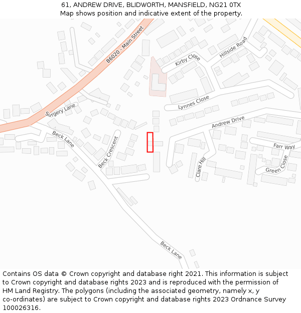 61, ANDREW DRIVE, BLIDWORTH, MANSFIELD, NG21 0TX: Location map and indicative extent of plot