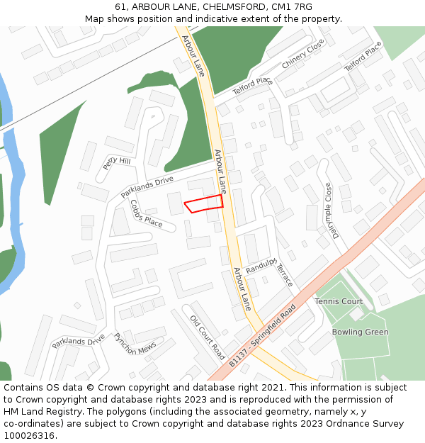 61, ARBOUR LANE, CHELMSFORD, CM1 7RG: Location map and indicative extent of plot