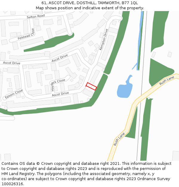 61, ASCOT DRIVE, DOSTHILL, TAMWORTH, B77 1QL: Location map and indicative extent of plot