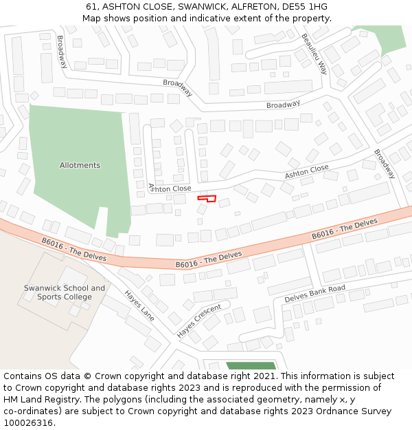 61, ASHTON CLOSE, SWANWICK, ALFRETON, DE55 1HG: Location map and indicative extent of plot